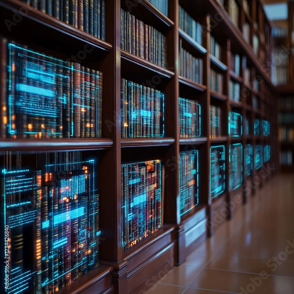 Obraz Digital library with glowing books and data streams, showcasing blend of technology and traditional literature. atmosphere is futuristic and inviting