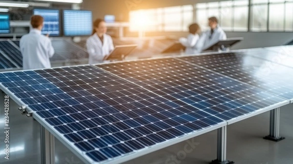 Fototapeta A high-tech, government-sponsored research facility dedicated to improving solar panel efficiency and grid integration. Scientists and engineers in white lab coats examine advanced photovoltaic cells