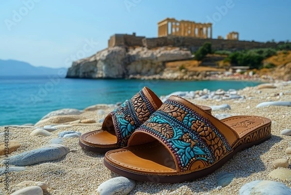 Obraz Colorful sandals on a Greek beach with ancient ruins in the background.