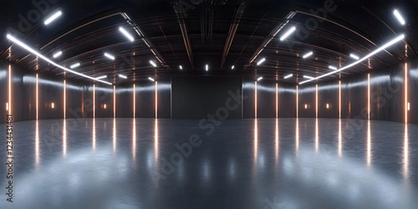 Obraz 360 degree full panorama environment of black minimalistic studio environment with bright lights and reflections, 3d render illustration hdri hdr vr virtual reality
