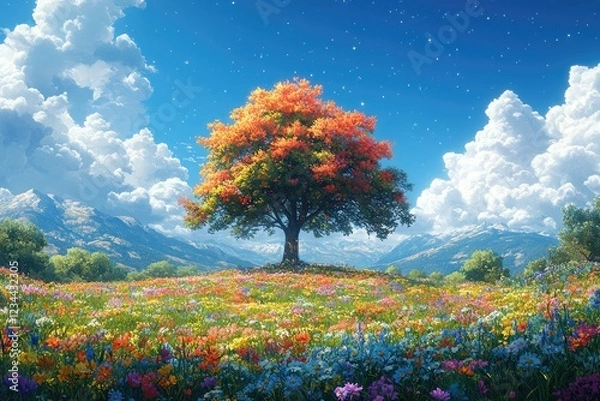 Fototapeta Autumnal Tree in a Vibrant Flower Field Mountain View