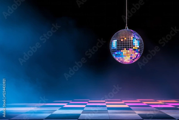 Fototapeta A crisp image of a polished disco ball suspended in mid-air, its reflective surface generating a multi-hued light show on a checkered dance floor,
