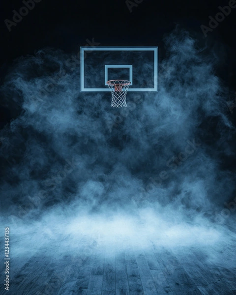 Obraz A dynamic side-perspective showing the basketball hoop in crisp detail, illuminated by a single beam as wisps of smoke move across the empty floor,