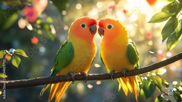 Fototapeta Colorful Parrots Gaze at Each Other in Bright Natural Setting