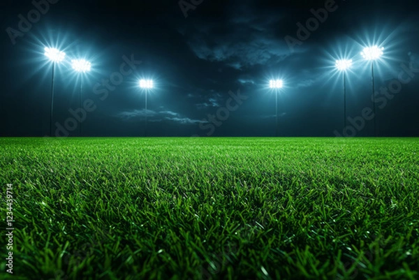 Obraz A dynamic freeze-frame highlighting the shadow patterns cast across the grass from multiple stadium lights, underscoring the emptiness of the field,