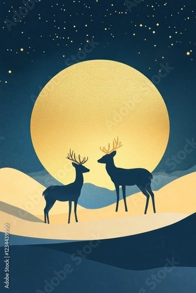 Obraz Two deer silhouettes under a golden moon at night.