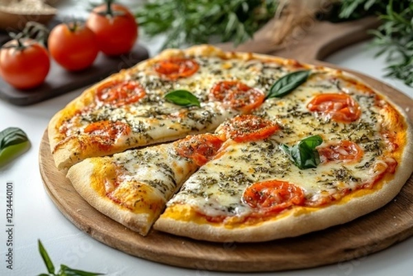 Obraz Freshly baked pizza with tomatoes and basil on a wooden board in a bright kitchen setting