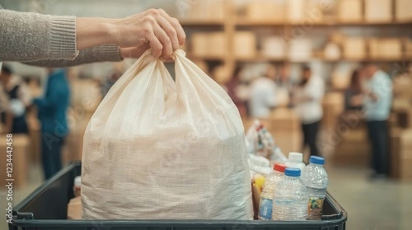 Fototapeta A close-up of hands placing a donation bag into a large collection bin at a charity fundraising event. The bag is neatly packed with non-perishable food, bottled water, and hygiene kits, representing
