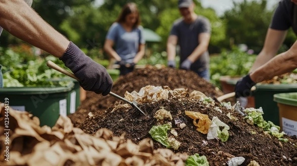 Fototapeta A community composting site with multiple compost bins labeled for different types of organic waste, surrounded by greenery. Volunteers of diverse backgrounds work together, turning compost piles