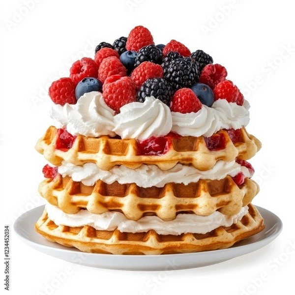 Fototapeta A stack of fluffy Belgian waffles with berries and whipped cream, isolated white background, modern art style