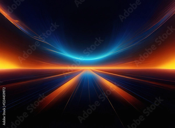 Fototapeta Abstract digital art depicting a futuristic highway converging towards a glowing horizon.  Vibrant orange and blue hues create a dynamic, energetic scene.