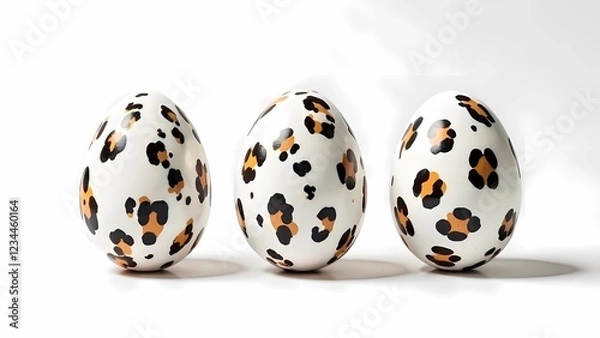 Fototapeta White eggs with leopard print on a white background. Happy Easter!