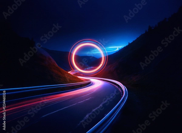 Fototapeta A winding road at night, illuminated by vibrant light trails, leads towards a glowing red circular portal set against a dark, mountainous landscape under a twilight sky.