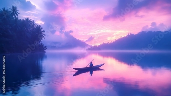 Obraz Dawn Serenity: Fisherman on a Calm River at Daybreak