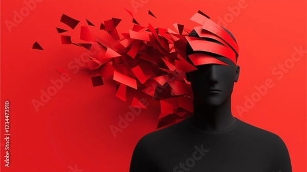Fototapeta A striking art piece featuring a black silhouette with a fragmented red head against a vivid red background, symbolizing creativity and mental explosion.