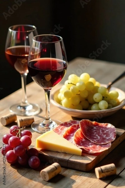 Obraz Aromatic Red Wine with Gourmet Cheese and Cured Meat, Accompanied by Sunlit Grapes