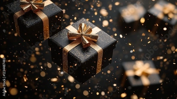 Fototapeta Black gift boxes with gold ribbons floating in a dark background with sparkling lights. Perfect for holiday or luxury themes.