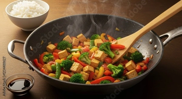 Fototapeta Delicious Tofu Vegetable Stir Fry Recipe in Wok