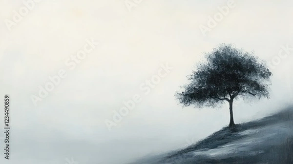 Obraz Solitary tree on foggy hill, peaceful dawn landscape, serene nature scene, ideal for meditation or relaxation