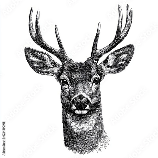 Fototapeta Detailed Sketch of a Majestic Stag Head with Intricate Antlers on White Background