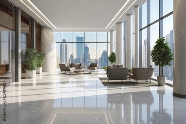 Fototapeta Modern and Spacious Office Interior with Large Windows Offering Scenic City Views and Abundant Natural Light in a Contemporary Style