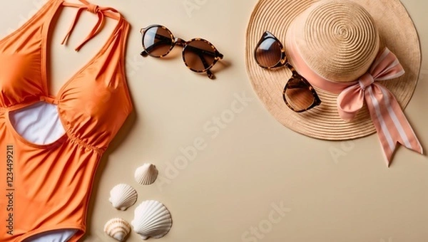 Fototapeta A summer flat lay featuring an orange swimsuit, straw sun hat, and tortoiseshell sunglasses on a light beige background. A stylish beach-themed composition with warm tones.