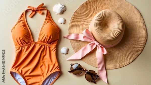 Fototapeta A summer flat lay featuring an orange swimsuit, straw sun hat, and tortoiseshell sunglasses on a light beige background. A stylish beach-themed composition with warm tones.