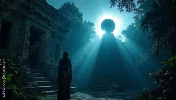 Fototapeta Silhouetted Figure at Ancient Temple: Mystical Teal Sun and Pyramid
