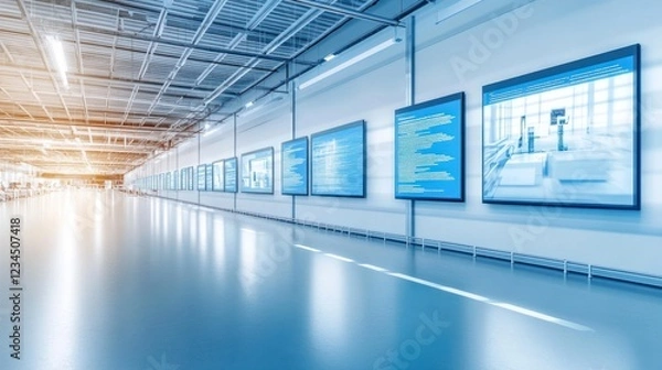 Fototapeta Factory hallway displays data, showing production progress, modern facility