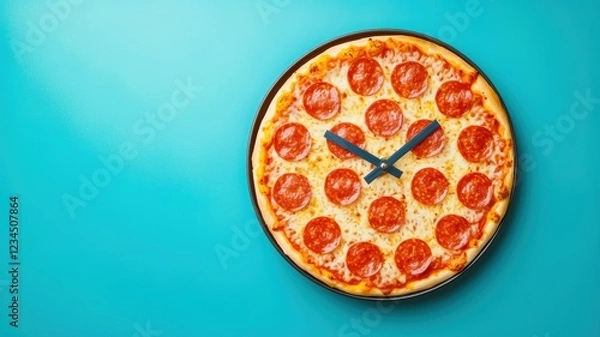 Fototapeta A whimsical pizza design features pepperoni toppings arranged like clock numbers, with clock hands indicating the time against a turquoise background.