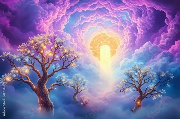 Fototapeta Ethereal Gateway - Mystical Trees and Celestial Clouds