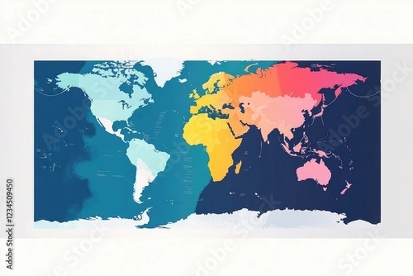 Fototapeta A flat vector illustration of the world map with different color sections, on a white background, with a simple and minimalistic design