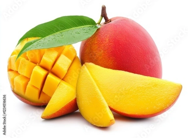 Obraz Ripe mango fruit with slices and leaf isolated on white.