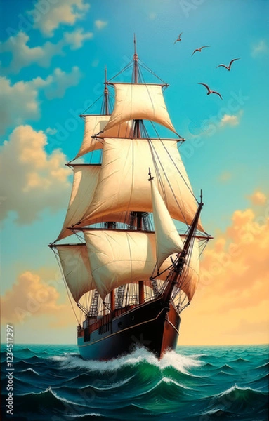 Obraz Spanish sailing ship on turquoise ocean waves against dramatic sunset sky with seagulls