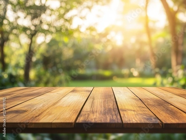 Obraz Empty wooden table against blurred sunny park background.