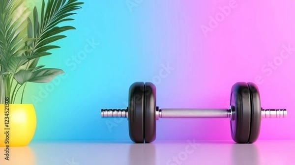 Fototapeta Colorful Dumbbell and Plant Fitness and Wellness Still Life