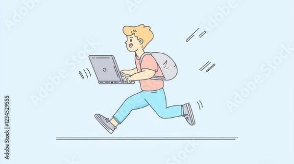 Fototapeta Entrepreneurial hustle, person running while carrying a laptop, dynamic business concept, cute minimalist