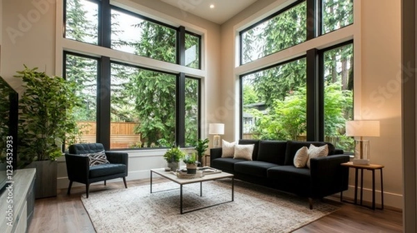 Fototapeta Spacious and Modern Living Room with Large Windows and Abundant Natural Light