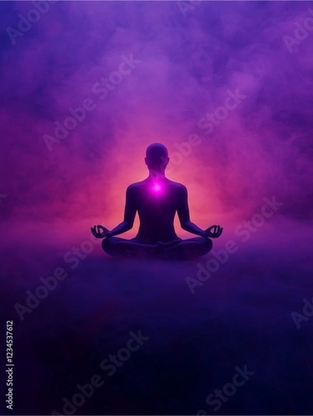 Fototapeta A silhouetted figure meditates in a colorful, mystical atmosphere filled with purple and blue hues, radiating a sense of tranquility and spiritual energy.