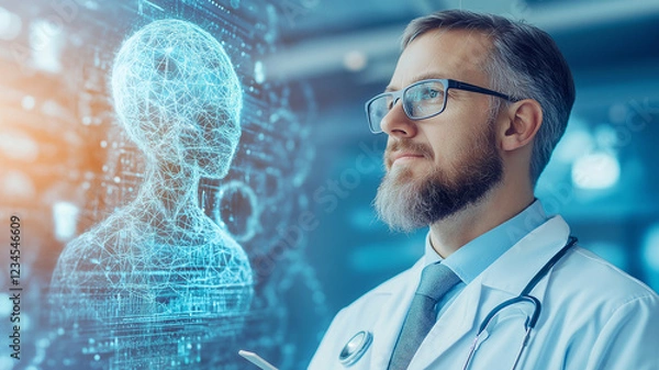 Fototapeta doctor contemplating future of healthcare with AI technology, showcasing digital representation of human figure. scene reflects innovation and integration of artificial intelligence in medicine