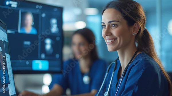 Fototapeta healthcare professional smiling while using virtual collaboration tools on computer. environment is modern and focused on teamwork in medical setting