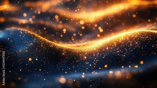 Fototapeta Golden wave particles, dark background, bokeh, abstract, digital art, design element