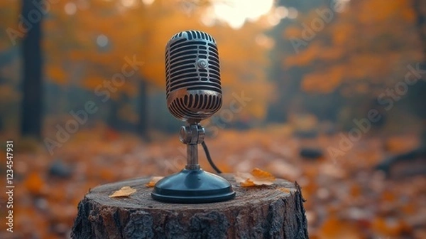 Fototapeta Retro microphone on tree stump in autumn forest. 