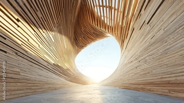Fototapeta Wooden structure, swirling path, desert sunrise, architectural design, interior render