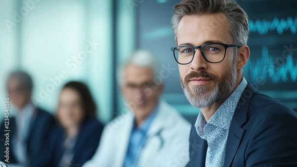 Fototapeta business consultant presenting healthcare analytics to professional audience, showcasing expertise and engagement in modern office setting