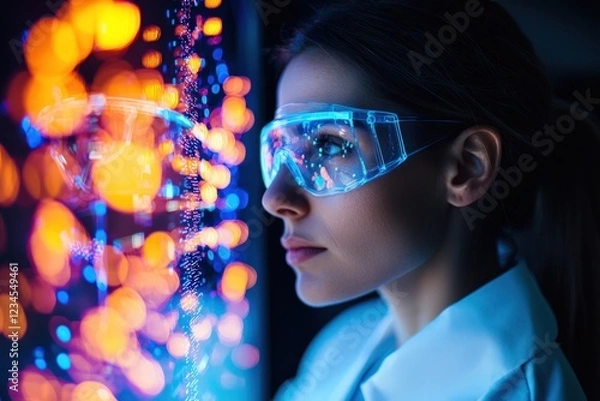 Obraz Female Scientist in Neon Glasses Contemplating Abstract Data in a High-Tech Environment