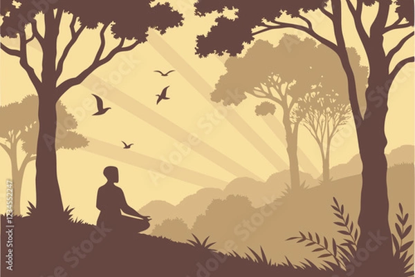 Fototapeta Silhouette of person meditating in forest, mystical foggy landscape, golden sunset through trees, ethereal atmosphere, birds flying in sky, surreal nature scene, tranquil mood, spiritual awakening,