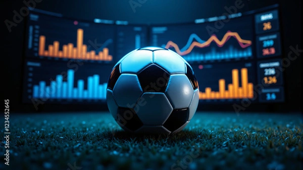 Fototapeta A soccer ball in front of colorful data graphs, showcasing sports analytics and statistics.