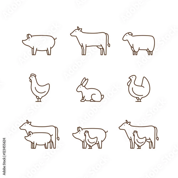 Obraz Farm animal outline icon set. Pig, cow, lamb, chicken, turkey, rabbit. Icon for butcher shop. Vector illustration.