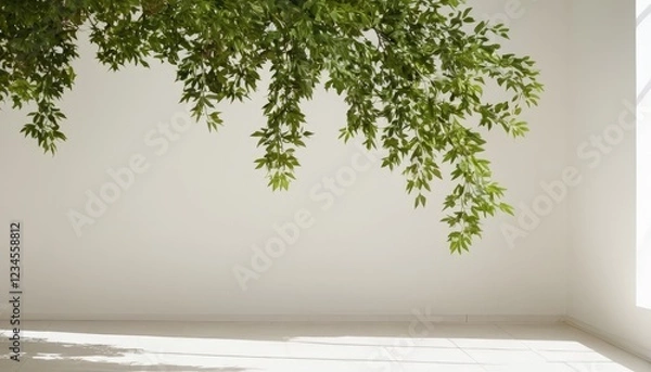 Fototapeta Green Branches Hanging: Lush green foliage cascades down from above, creating a tranquil and serene atmosphere against a minimalist backdrop.  The natural light adds a soft glow to the scene. 